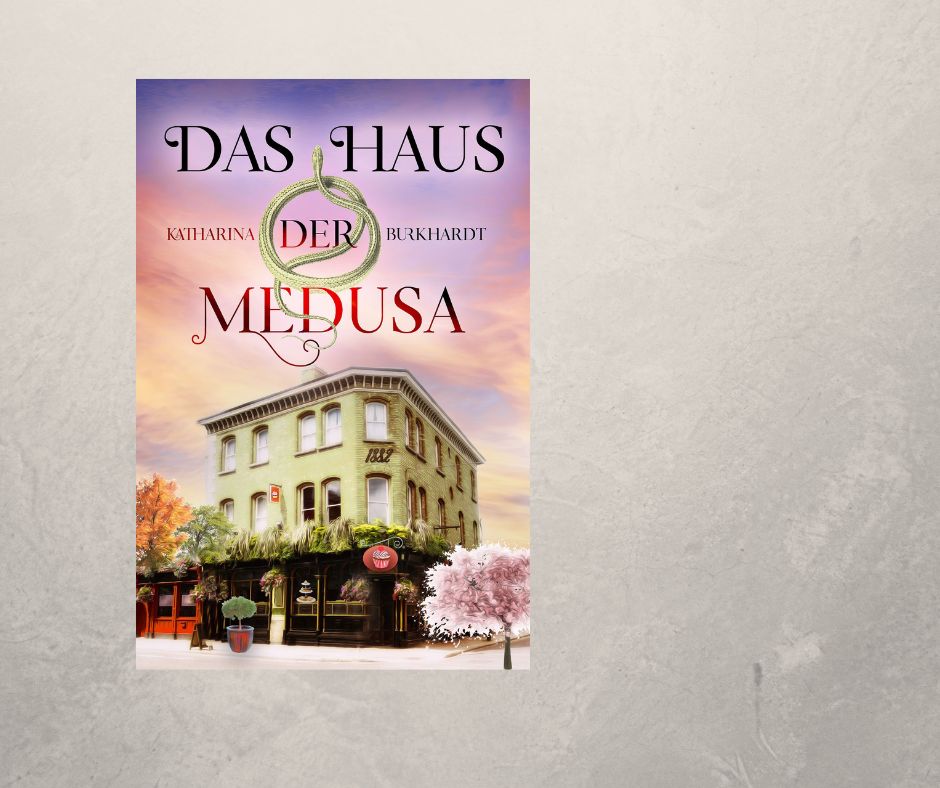 Cover des Romans Das Haus der Medusa. zu sehen ist ein großes, düster wirkendes Haus mit einem Café im Erdgeschoss.