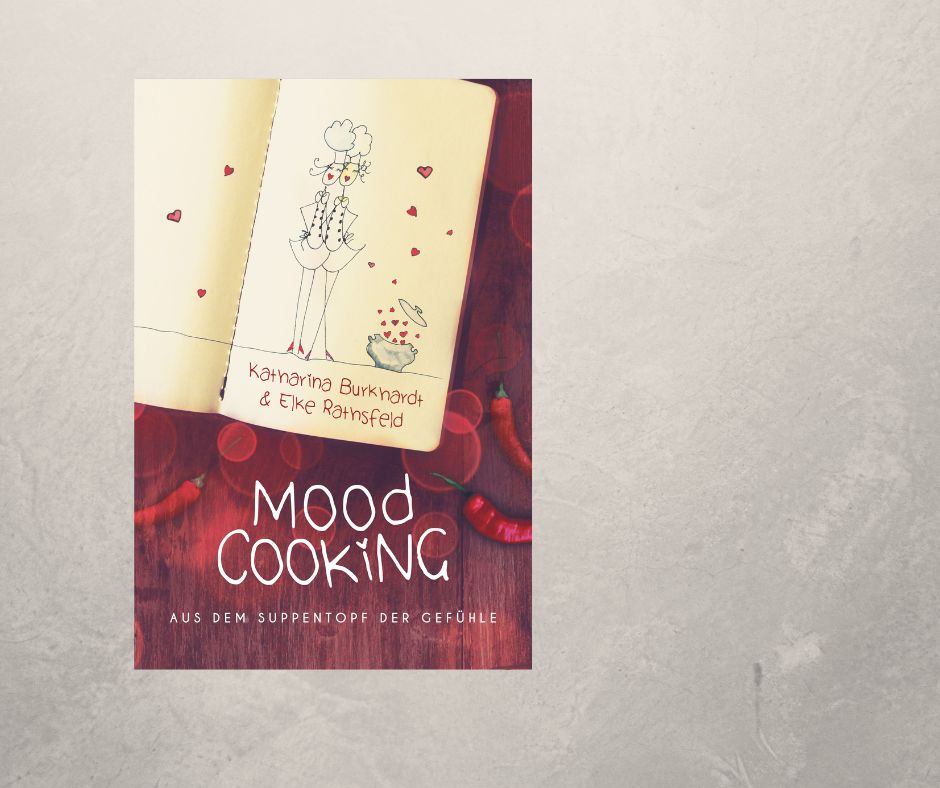 Cover des Kurzgeschichtenbands Moodcooking. Zu sehen ist ein aufgeklapptes Büchlein, in dem eine Skizze von zwei Köchinnen und einem Kochtopf abgebildet ist.